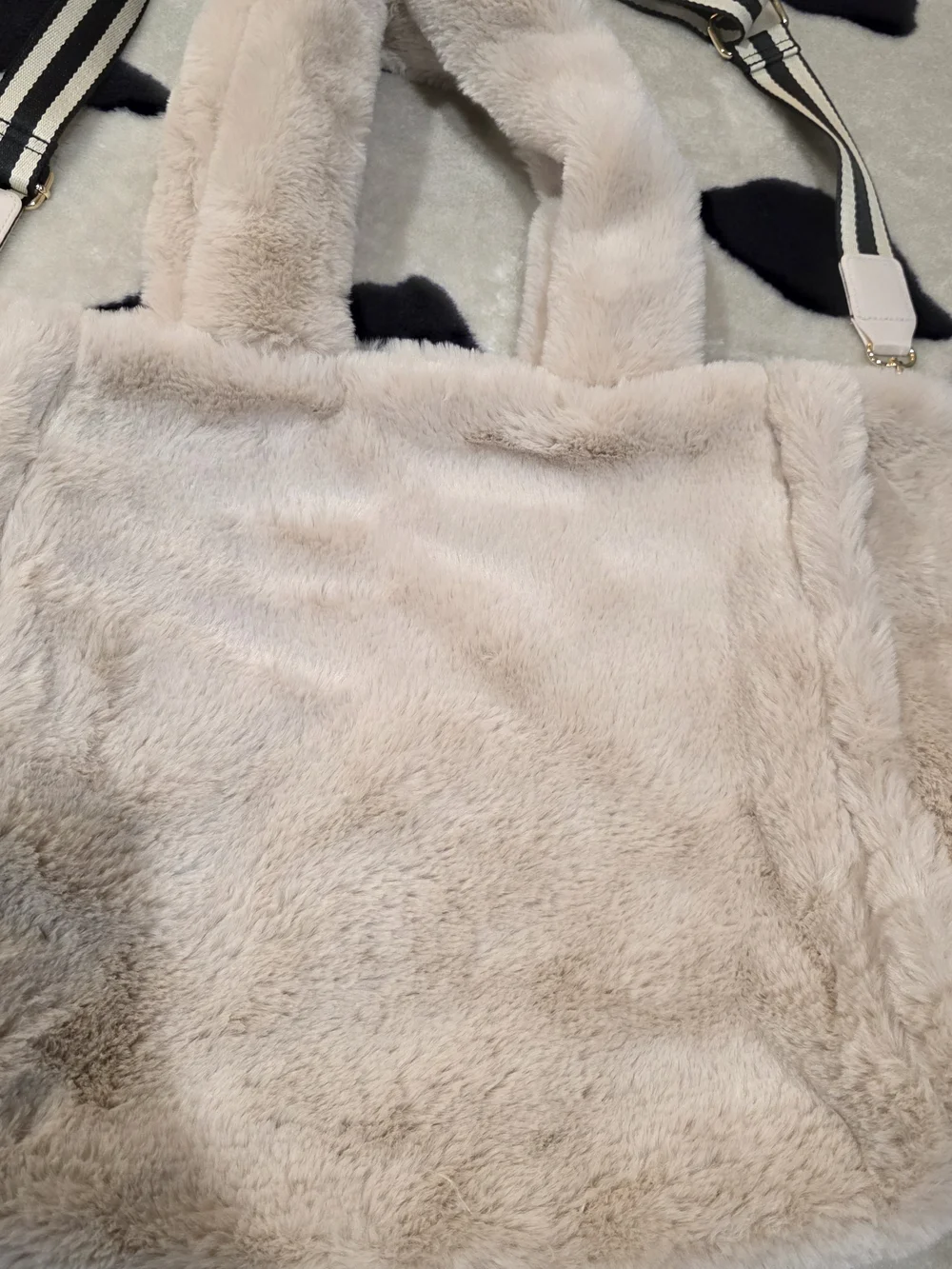 & Other Stories Plush Faux Fur Tote in Light Beige with Striped Strap